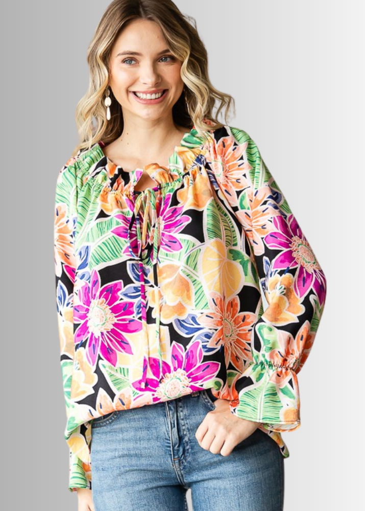 USA Made Ladies Off the Shoulder Colorful Floral Top with Ruffled Neckline & Tie Front  | Classy Cozy Cool Women's Made in America Clothing Boutique