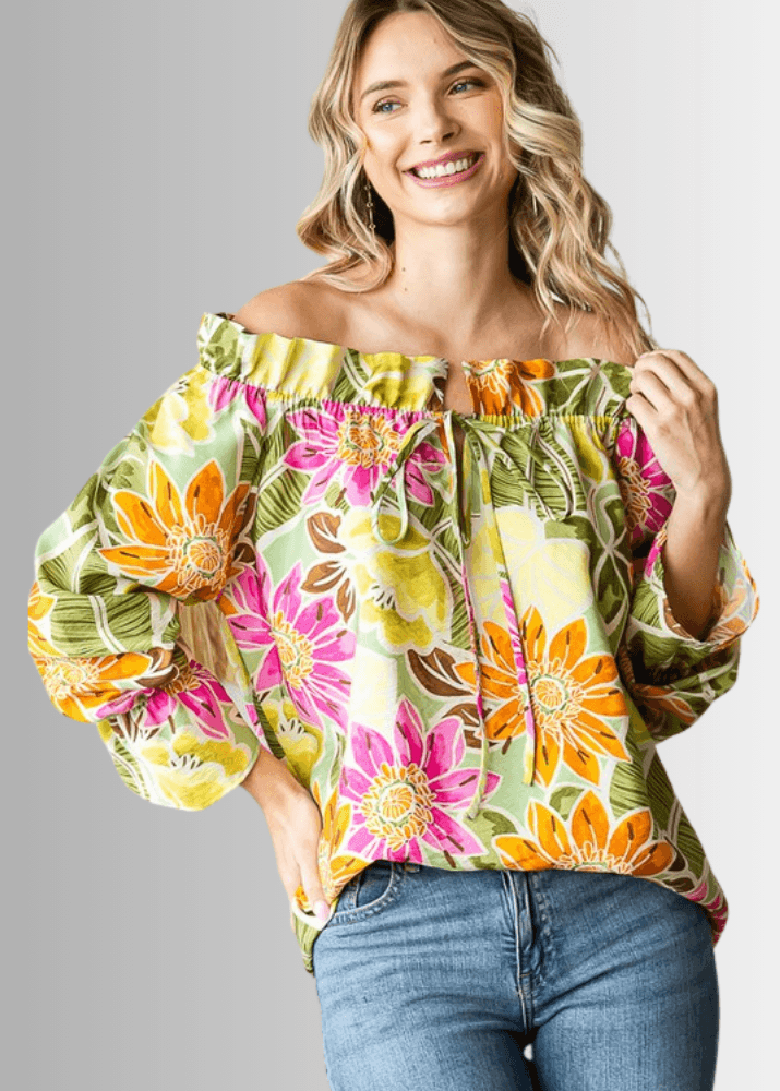 USA Made Ladies Off the Shoulder Colorful Floral Top with Ruffled Neckline & Tie Front  | Classy Cozy Cool Women's Made in America Clothing Boutique