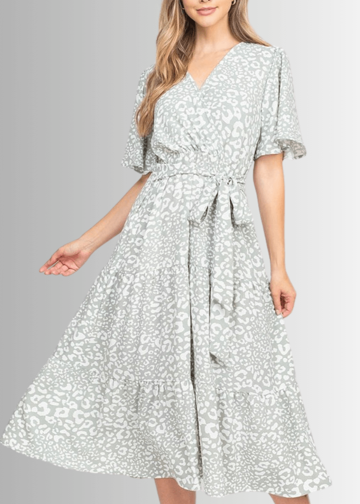 Made in USA Women's Light Sage Animal Print Surplice V-Neck Midi Dress with Short Flutter Sleeves and Elastic Tie Waist | Classy Cozy Cool Made in America Boutique