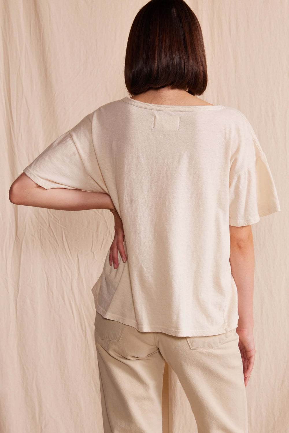 The Easy Tee by People of Leisure — relaxed fit, 50% recycled & 50% organic cotton. Ecru, Light Pink & Desert Rose. Made in USA. Sizes XS–XL. Made in USA