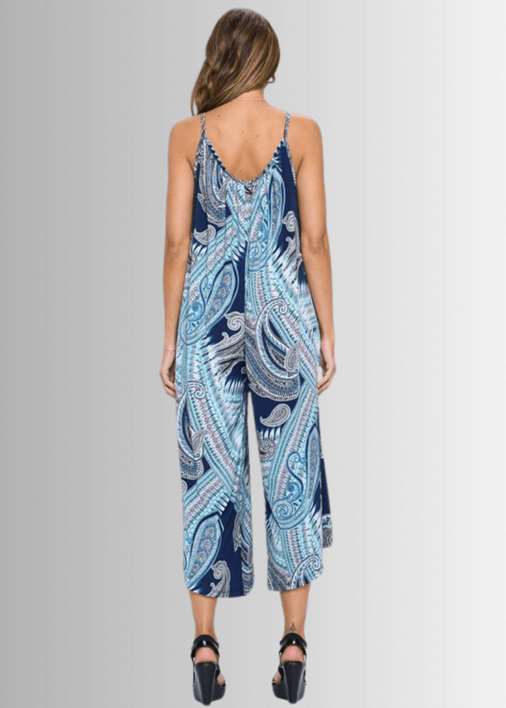 Women's  Blue Paisley Wide Leg Cropped Summer Jumpsuit  Romper  | Made in USA | Classy Cozy Cool Made in America Boutique