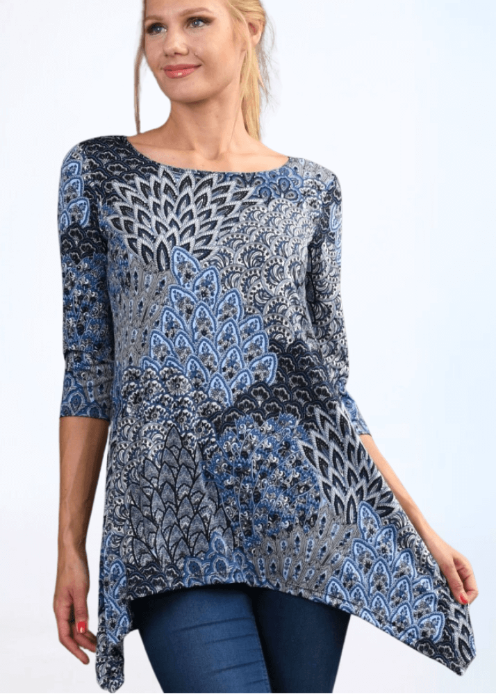 Women's Modern Peacock Shades of Blue Asymmetrical Tunic Top, Boat Neck, Half Sleeves, Lightweight, Shark Bite Hemline | Made in USA | Classy Cozy Cool Made in America Boutique