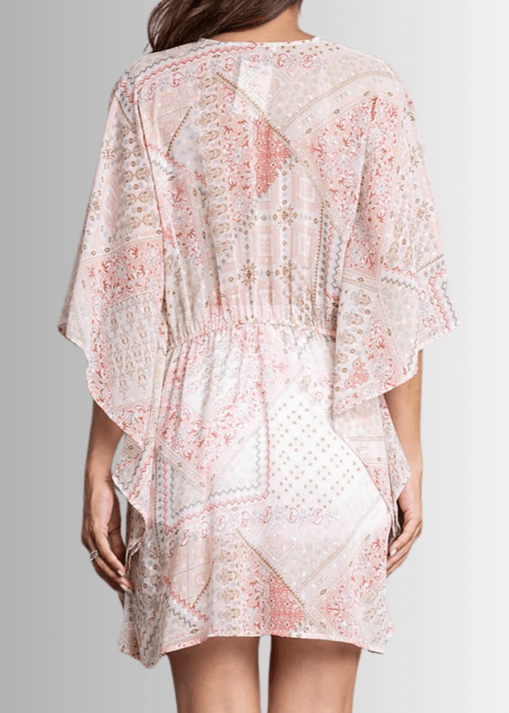 Made in USA Women's Pink Boho Print Sheer Tie Front Kimono Top , Beach, Vacation, Dressy, Swim Coverup | Classy Cozy Cool Made in America Boutique