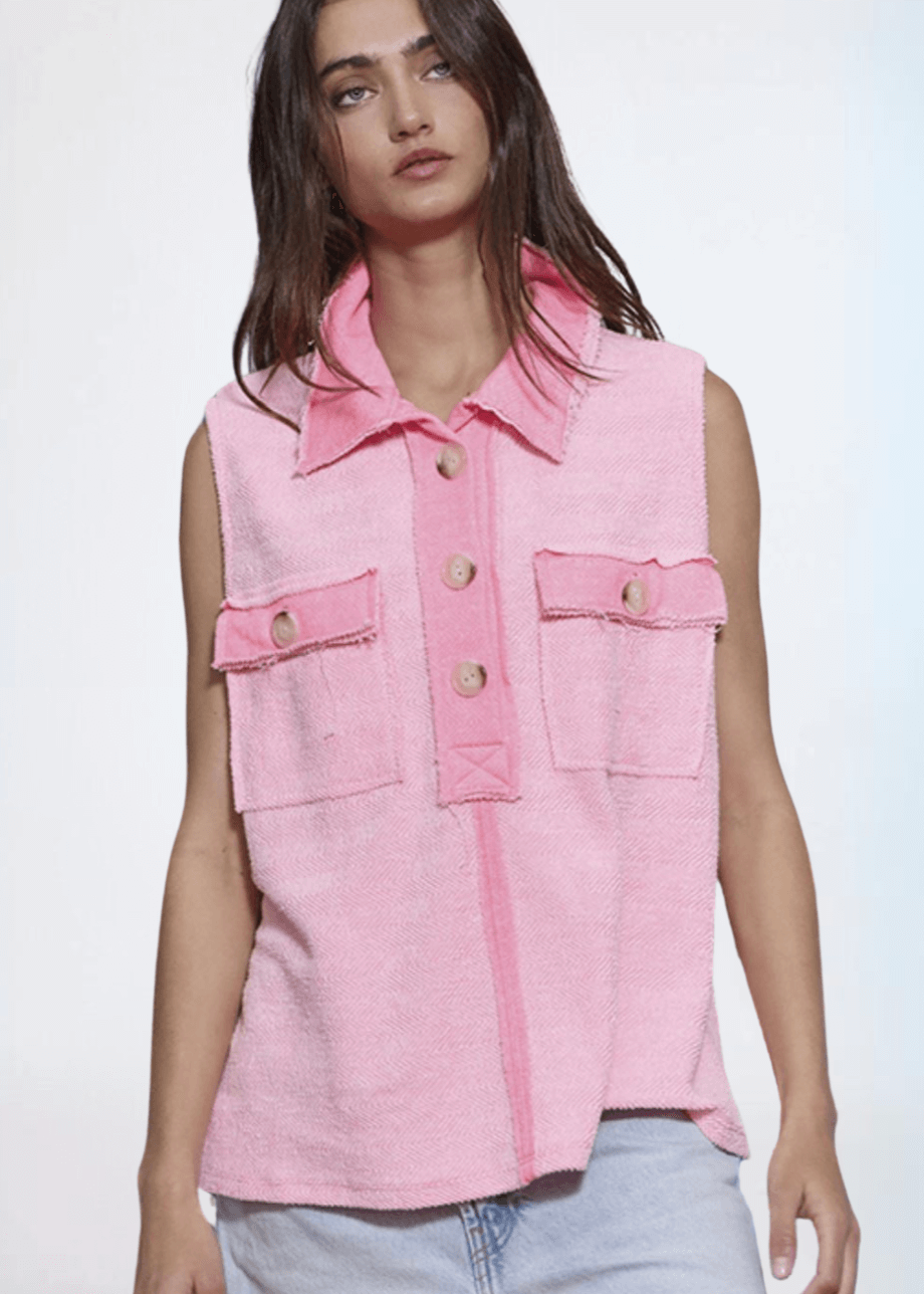 Ladies Pink Cotton Oversized Sleeveless Henley With Contrast Detail and Large Front Pockets | Made in USA | Bucket List Clothing Style# T2301