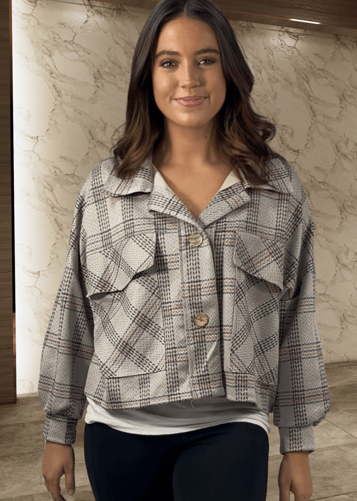 Bucket List Ladies Oversized Suede Herringbone Plaid Print Shacket with Oversized Front Utility Pockets in Light Gray | Style
