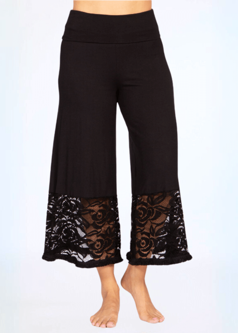 Black Lace Hem Wide Leg Pants Plus Size, styled view, women&