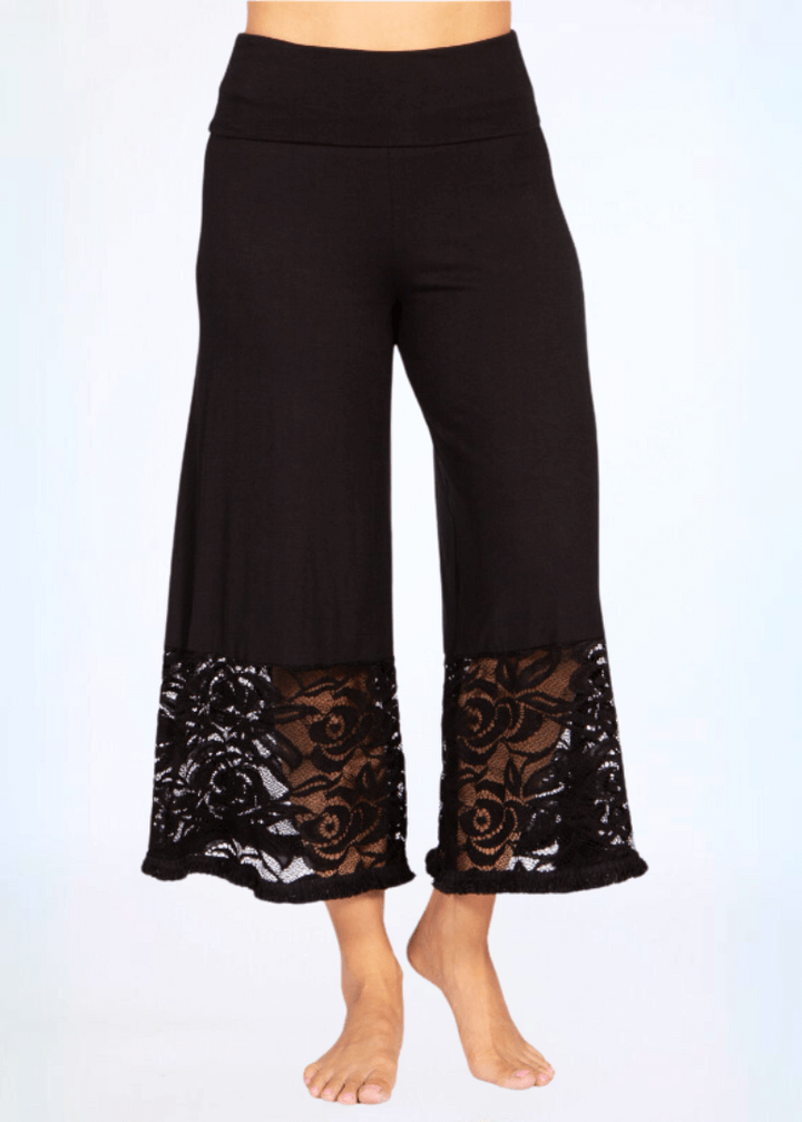 Black Lace Hem Wide Leg Pants Plus Size, styled view, women&