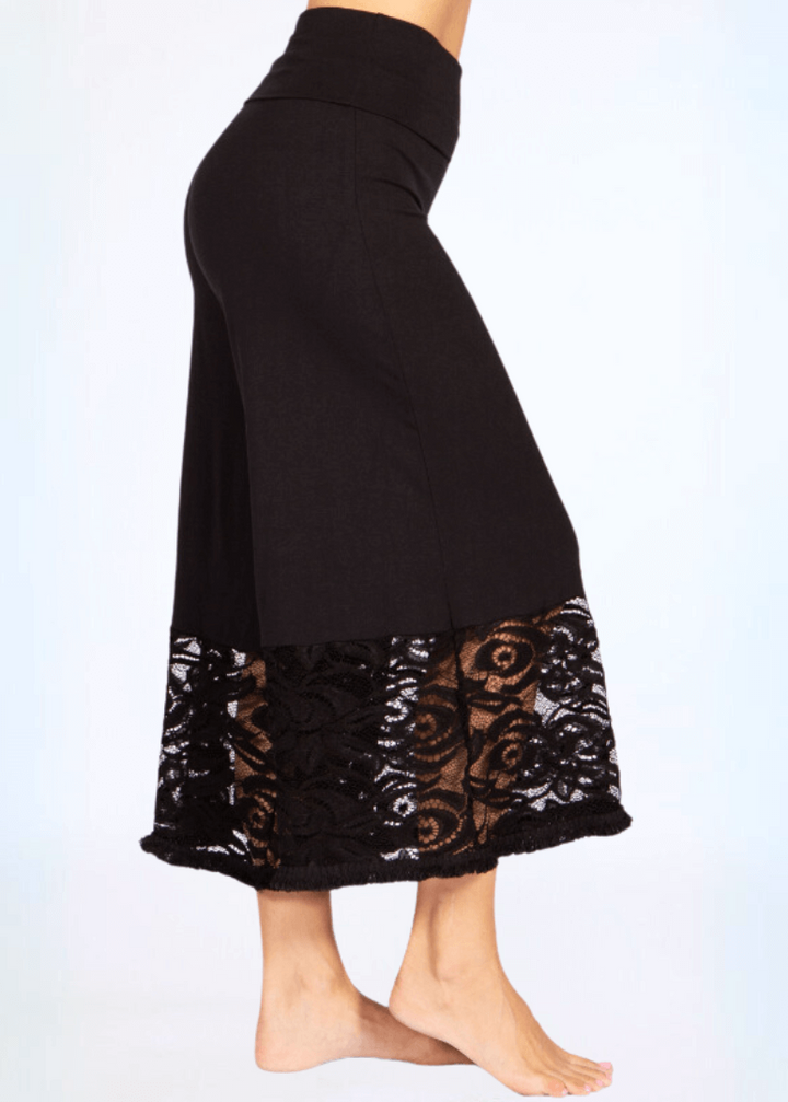 Black Lace Hem Wide Leg Pants Plus Size, women&