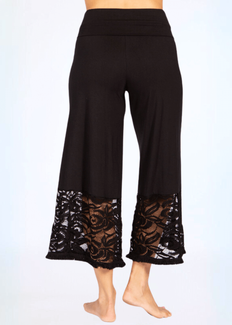 Black Lace Hem Wide Leg Pants Plus Size, detail view, women&