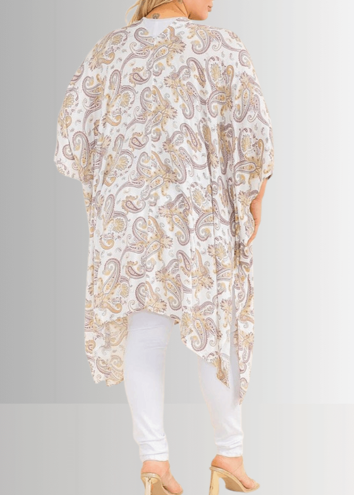Made in USA Women's White Paisley Plus Size Open Front Kimono Cardigan Top , Beach, Vacation, Dressy, Swim Coverup | Classy Cozy Cool Made in America Boutique