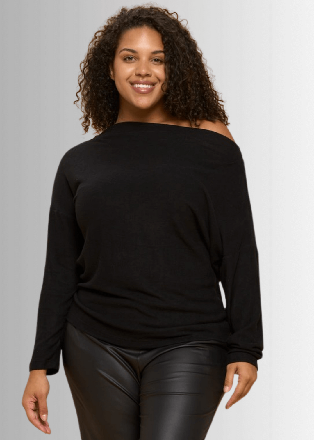 Made in USA Ladies' Plus Size Relaxed Fit Super Soft Long Sleeve Cashmere Feel Sweater Top in Black - Worn Off Shoulder or Boat Neck | Renee C Style# 4097TP | Made in America Women's Clothing Boutique