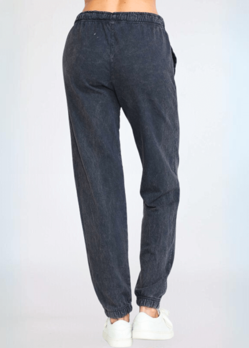 USA Made Women's Casual Cotton French Terry Mineral Washed Navy Joggers with Side Pockets and Elastic Drawstring Waist | Classy Cozy Cool Made in America Boutique