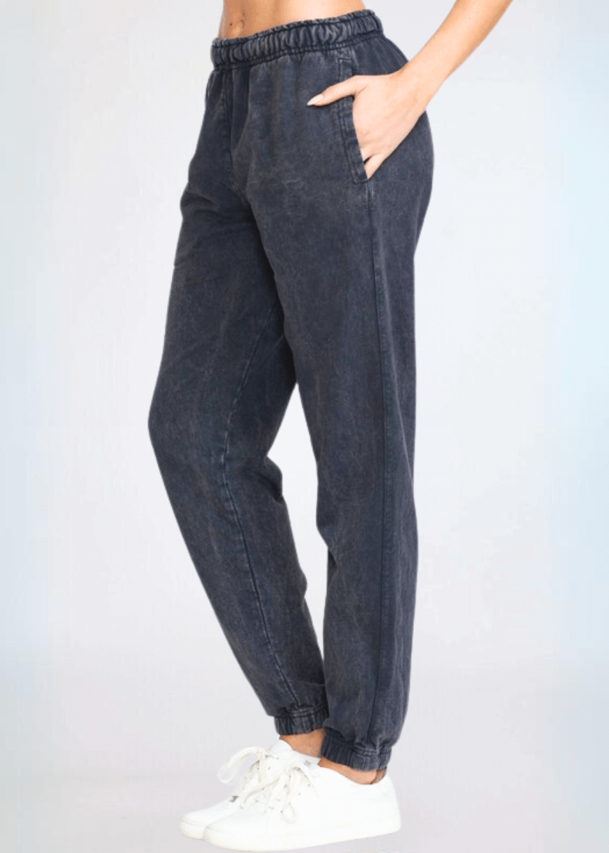 USA Made Women's Casual Cotton French Terry Mineral Washed Navy Joggers with Side Pockets and Elastic Drawstring Waist | Classy Cozy Cool Made in America Boutique