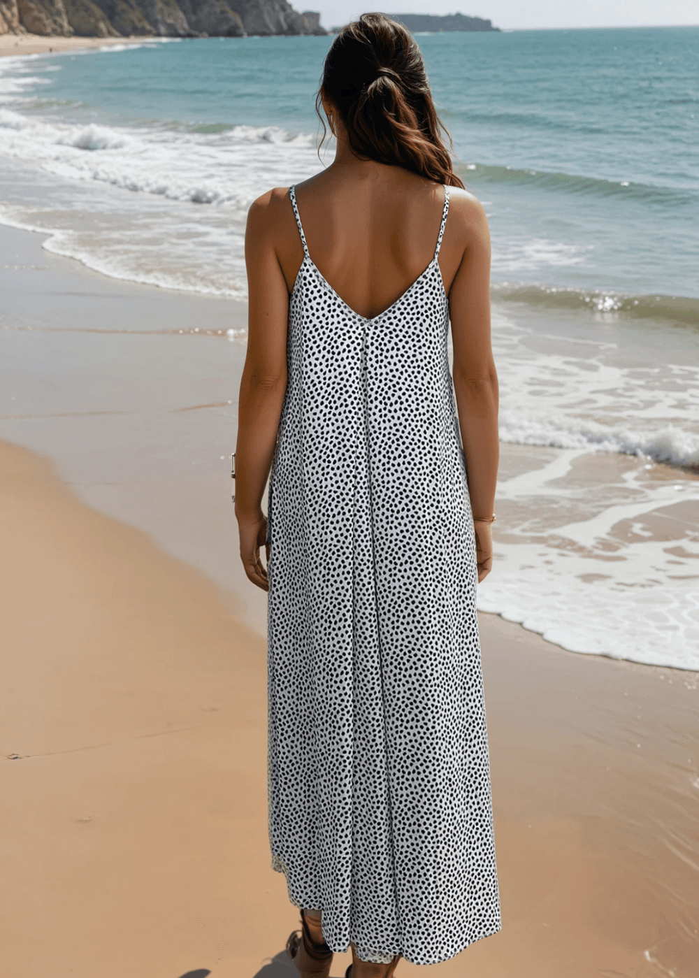 Made in USA Women's Jersey Stretch Double V-Neck 2-Tone Printed Summer Maxi Dress in Green/Navy or White/Black | Classy Cozy Cool Made in America Boutique