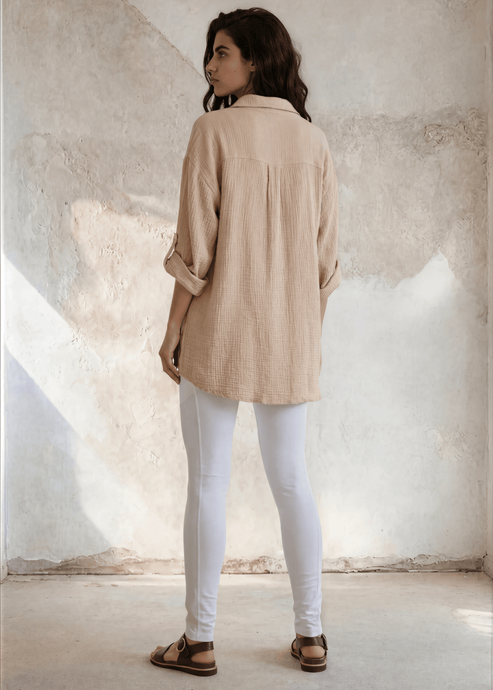 Rachel Slouchy Cotton Gauze Button Down Top (Oatmeal), detail view, women&