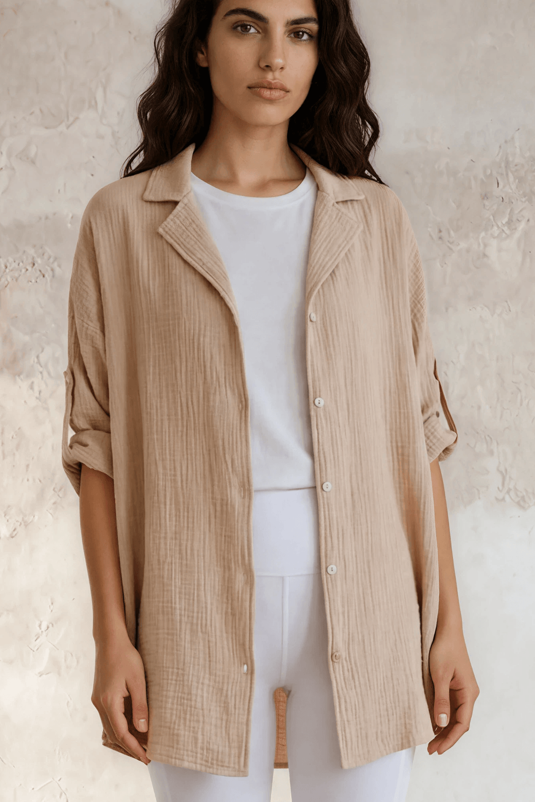 USA Made Women's Soft Mineral Washed Gauze Oversized Cotton Button Down Shirt with Half Sleeves & Side Pockets in Oatmeal | Classy Cozy Cool Made in America Boutique