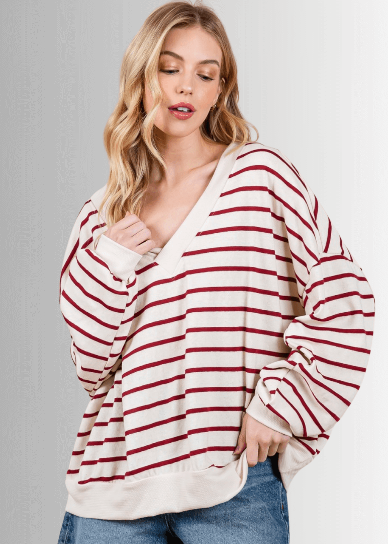 Made in USA Women's Oversized Cream Top with Crimson Stripes and a Double V-Neck, Long Sleeves, Drop Shoulder, Cotton Blend | Classy Cozy Cool Made in America Boutique