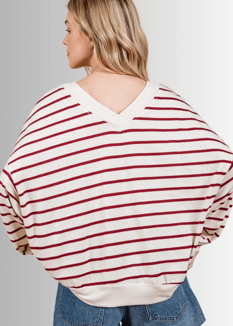 Made in USA Women's Oversized Cream Top with Crimson Stripes and a Double V-Neck, Long Sleeves, Drop Shoulder, Cotton Blend | Classy Cozy Cool Made in America Boutique