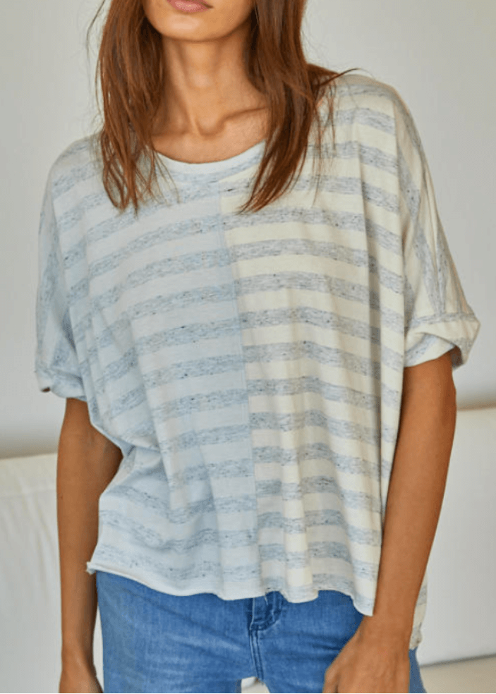 This Relax Striped Cotton Tee brings a fun twist to your casual wardrobe with its bold color block gray stripes and comfy loose boxy fit. Made in USA from a soft blend of 75% cotton and 25% polyester, it feels light and breathable for all-day ease.