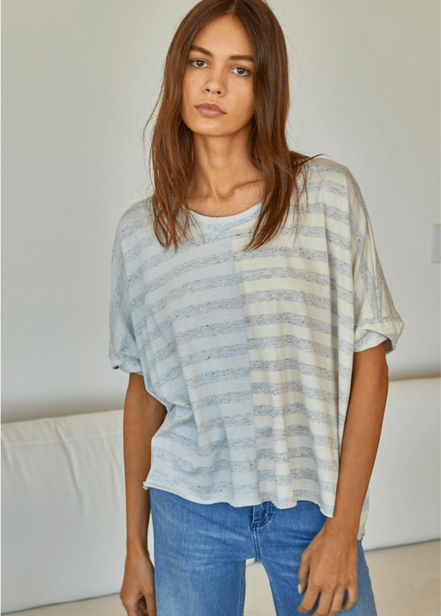 This Relax Striped Cotton Tee brings a fun twist to your casual wardrobe with its bold color block gray stripes and comfy loose boxy fit. Made in USA from a soft blend of 75% cotton and 25% polyester, it feels light and breathable for all-day ease.