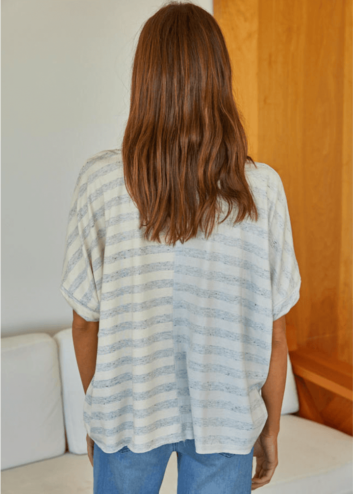 This Relax Striped Cotton Tee brings a fun twist to your casual wardrobe with its bold color block gray stripes and comfy loose boxy fit. Made in USA from a soft blend of 75% cotton and 25% polyester, it feels light and breathable for all-day ease.