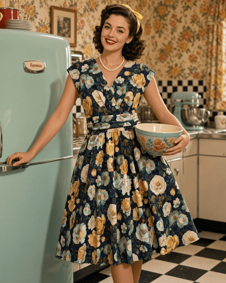 A woman in a 1950s-style floral dress stands in a retro kitchen next to a mint green Frenic refrigerator, holding a matching floral bowl. The dress has a navy blue base with yellow, beige, and white floral patterns.