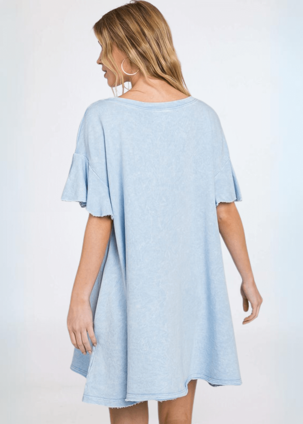 USA Made Women's Light Blue Baby Doll Mineral Washed Cotton French Terry Dress Mini Dress with Ruffled Sleeves Premium Quality | Classy Cozy Cool Made in America Boutique