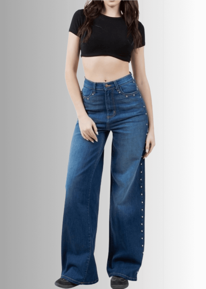 Made in USA - Introducing the Camila Wide Leg High Rise Studded Jean! These jeans are made from premium 11 Ounce Soft Stretch Rich denim that offers both durability and comfort. Long 33" Inseam.