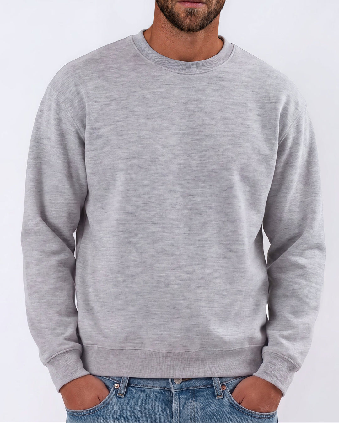 Men's long sleeve fleece sweatshirt made in USA with USA milled fabric. 9.5 oz, 80% cotton/20% polyester, crew neck, relaxed fit. White or Heather Gray.