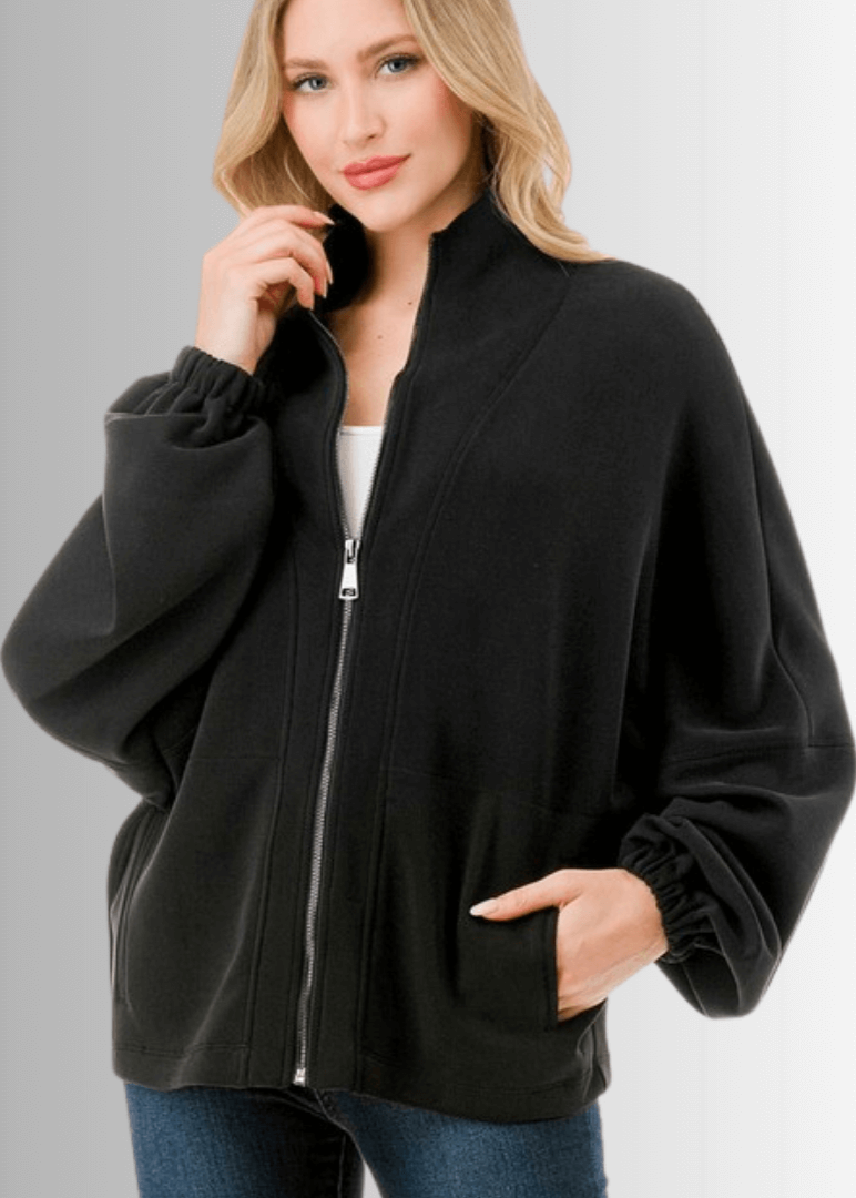 Made in USA Women's Super Soft Relaxed Fit Zip Front Jacket, Material Compares to LuLulemon Scuba Line, Wrinkle Resistant, Medium Weight Material, Side Pockets in Black