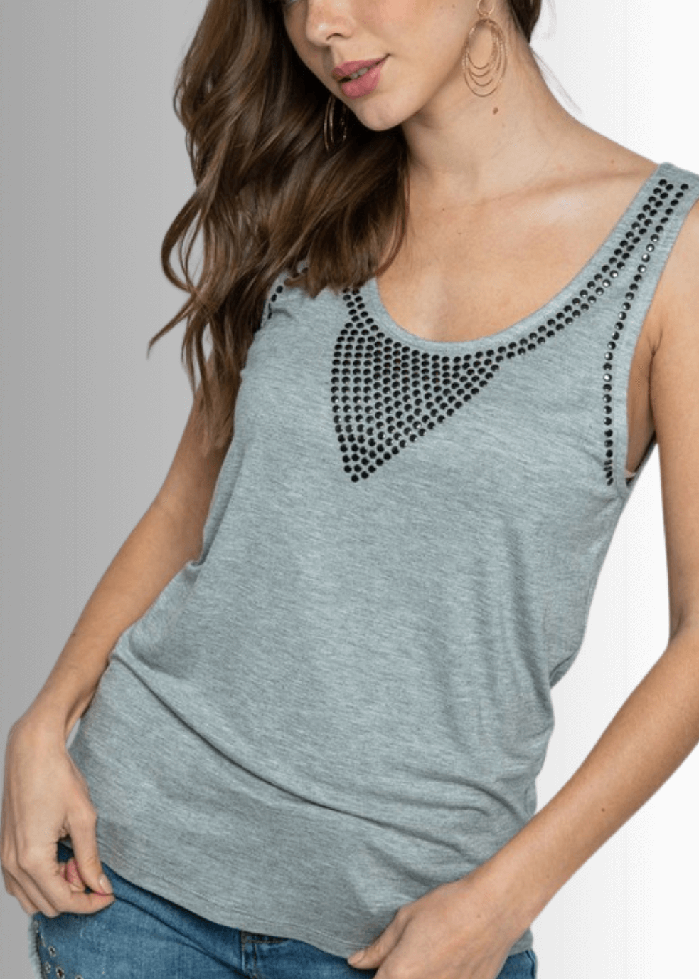 Made in USA Women's Studded Tank Top, Round Scoop Neck, Perfect for Layering Available in Off White, Heather Gray, and Black, Lightweight, Studded Detail, 95% Rayon 5% Spandex Style 18544T 