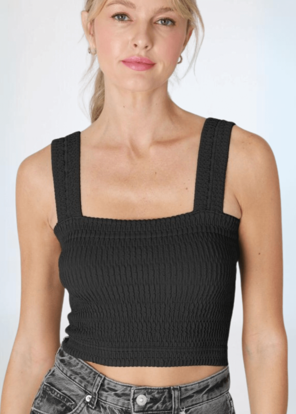 Made in USA | Niki Biki Style NS8255 | Women's Square Neckline Shirred Stretch Material Light Support in Black - Comfortably fits sizes 4-12 Fabric 92% NYLON 8% SPANDEX