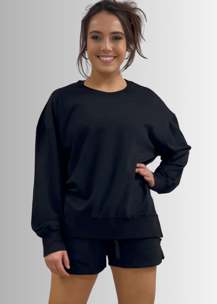 Tessa Lightweight French Terry Sweatshirt in Black, styled view, women&