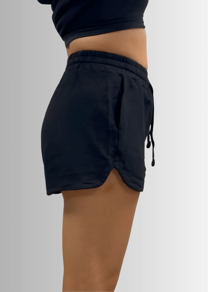 USA Made Ladies Premium Garment Washed French Terry Shorts with Elastic & Drawstring Waist in Denim Blue in 100% Cotton | Classy Cozy Cool Women's Made in America Clothing Boutique