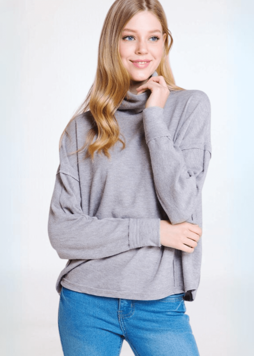 Made in USA Women's Light Grey Super Soft Turtle Neck Hacci Top with Raw Edge Inside Out Seams, Oversized Fit, Just Below Waist Length, Dolman Sleeves 