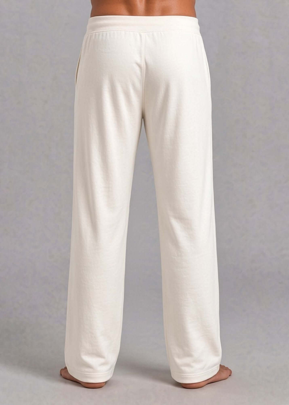 Made in USA. Men's organic cotton lounge pants in natural undyed fabric. Relaxed fit, drawstring waist, side pockets. Milled in North Carolina.