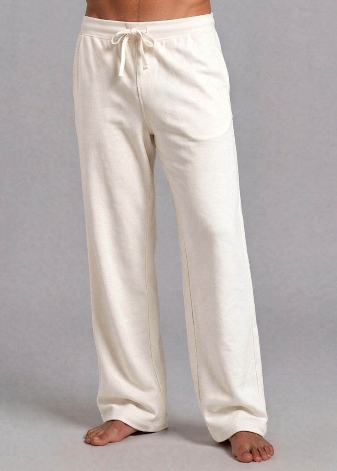 Made in USA. Men's organic cotton lounge pants in natural undyed fabric. Relaxed fit, drawstring waist, side pockets. Milled in North Carolina.