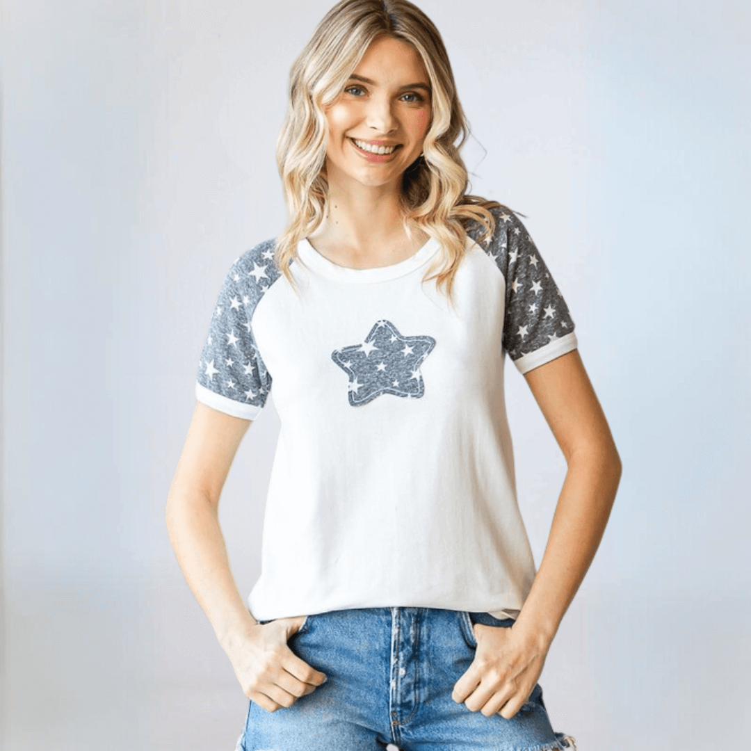 Made in USA Women's Patriotic Star Patch Raglan T-Shirt, Round Neckline, Raglan Short Sleeves, Semi-Fitted, Color Block Patchwork/Contrast, Curved Hem, 92% Cotton 8% Spandex Vintage Blue & Off White 