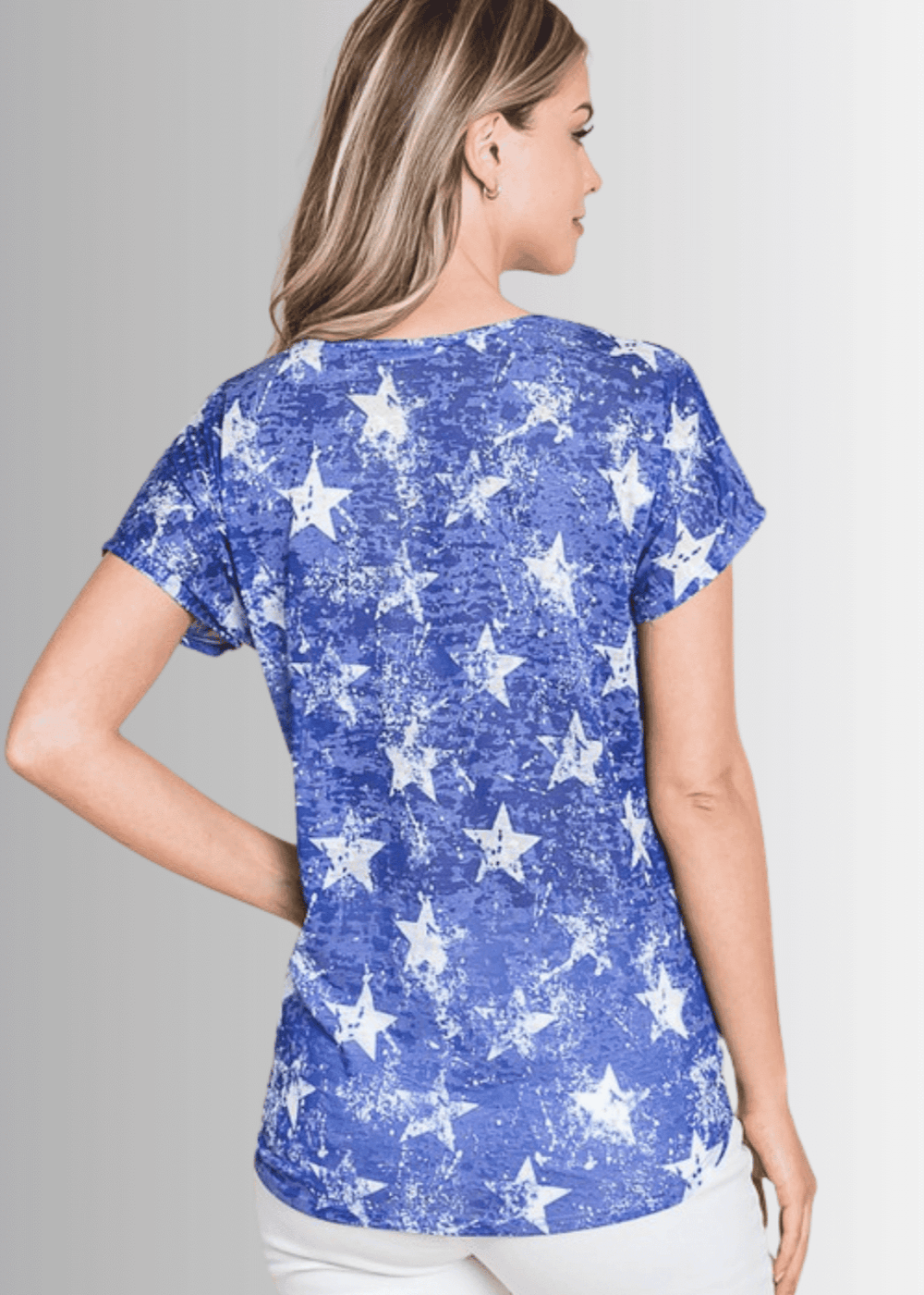 Made in USA Women's Patriotic Star Print Tie Front T-Shirt, Relaxed Fit, Short Sleeves, Burnout Look, Blue with White Star Print, V-Neckline, 60% Polyester 40% Cotton | Classy Cozy Cool Made in America Boutique