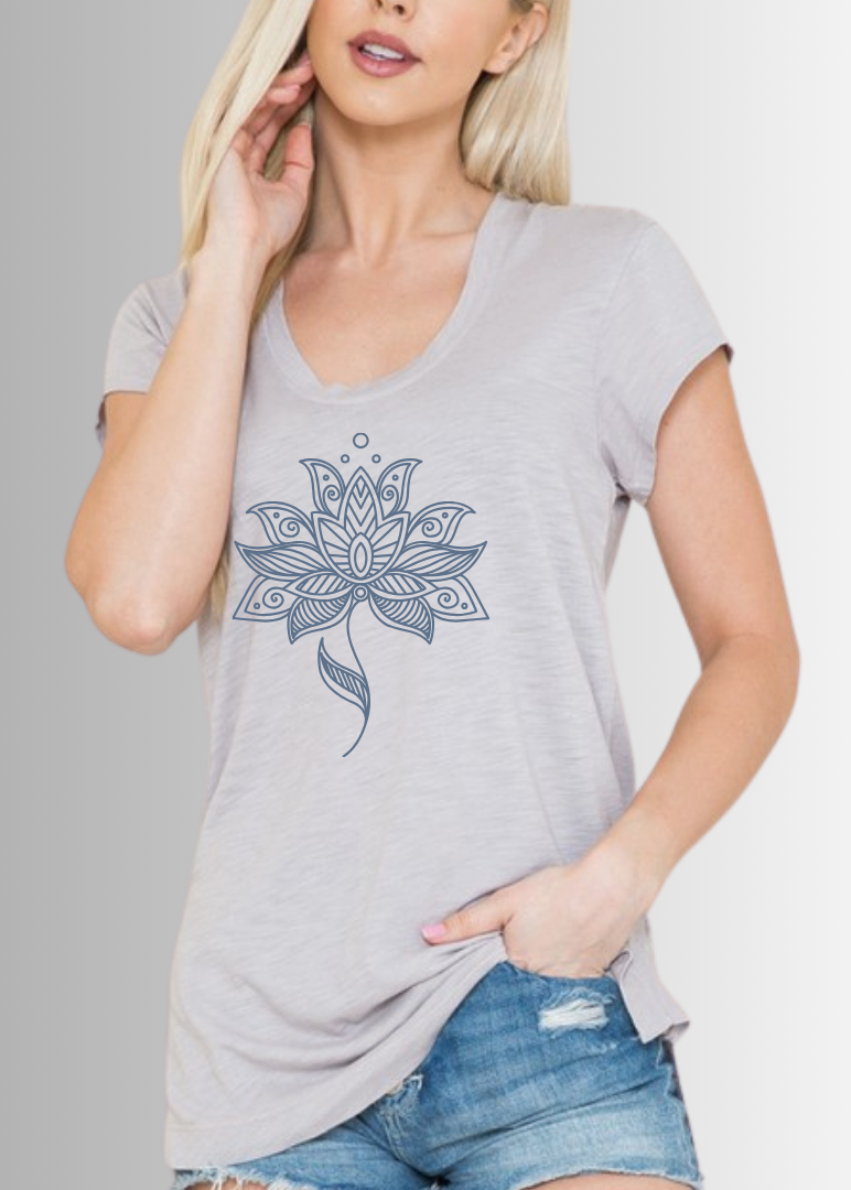 Made in USA Women's Cotton Modal Super Soft Fitted Light Grey Mauve Scoop Neck Tee with Slate Blue Flower Graphic | Classy Cozy Cool Made in America Boutique