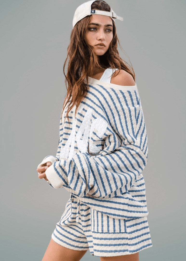 Cotton Blend Textured Striped Shorts, close-up detail, women&