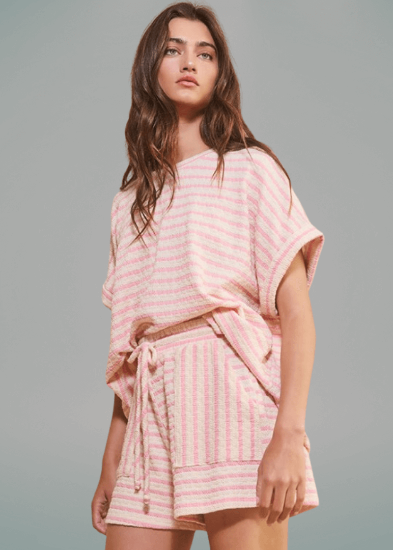Cotton Blend Textured Striped Shorts in Pink, women&