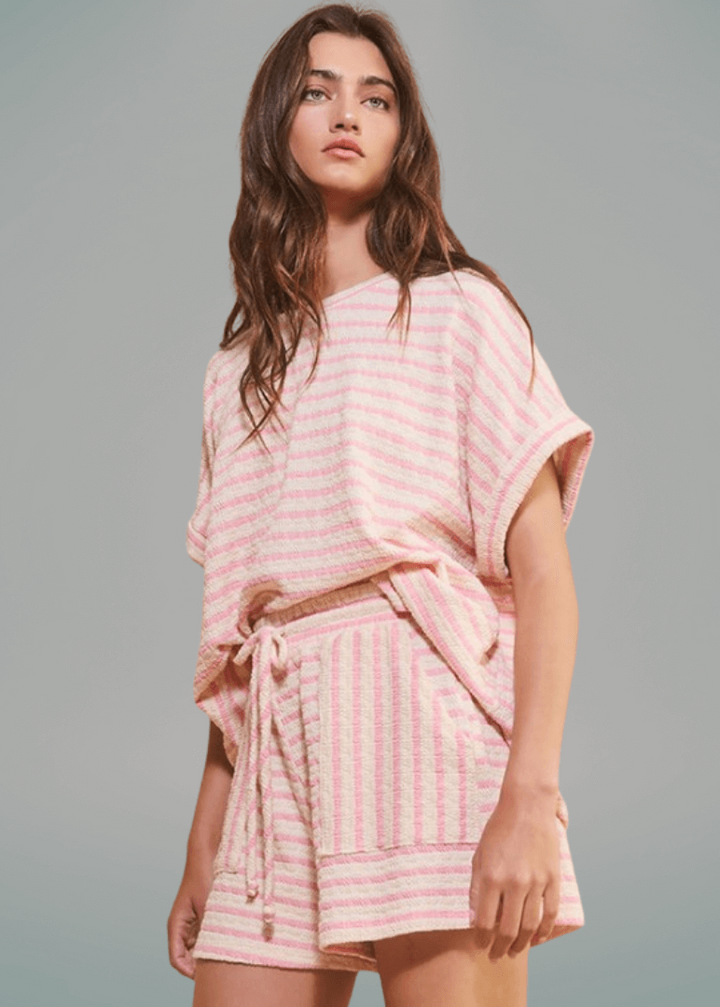 Cotton Blend Textured Striped Shorts in Pink, women&