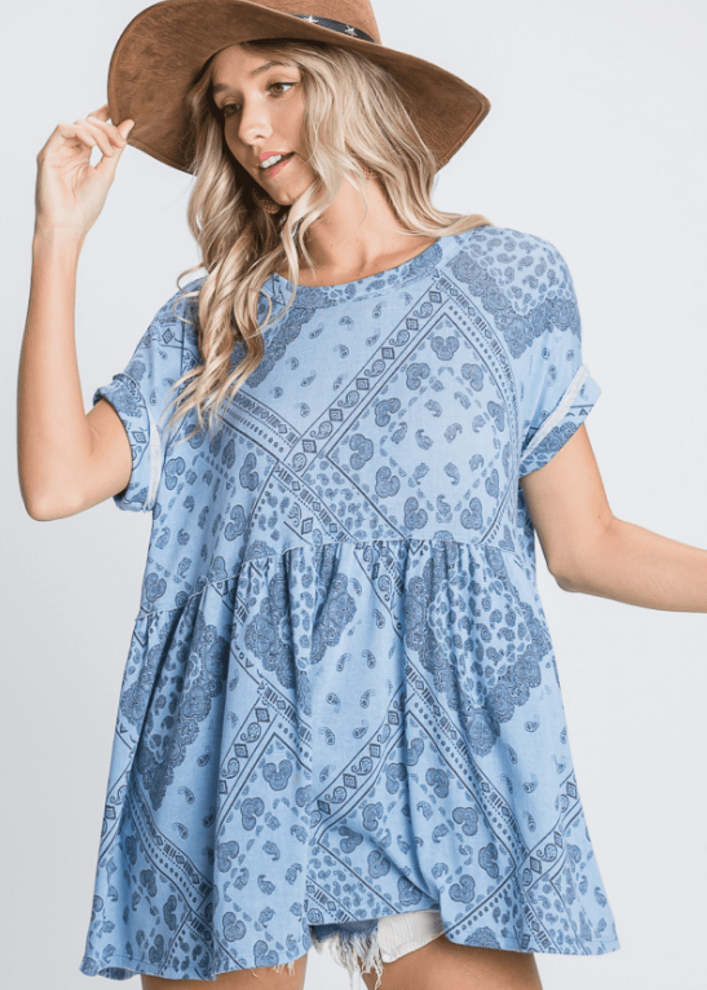 Made in USA Women's Paisley Printed Oversized Flowy Top with Short Cuffed Sleeves and Round Neckline in Mint or Blue | Bucket List  Style T1290