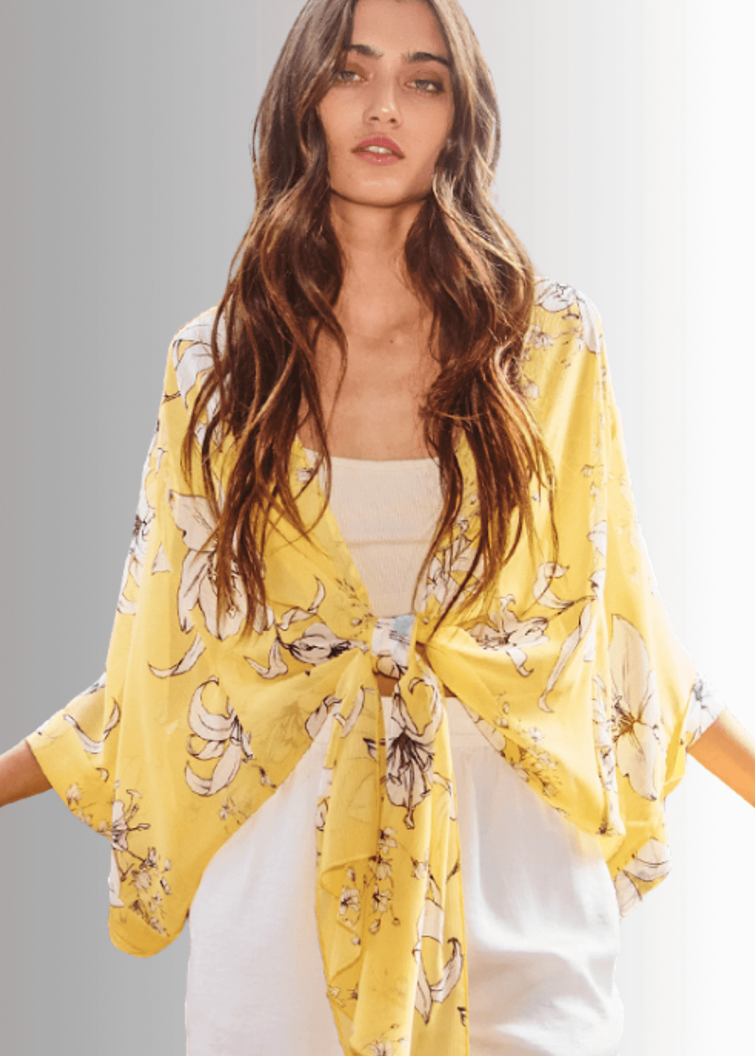 Made in USA Women's Tie Front Semi-Sheer Accent Draped Kimono Cardigan with Dolman Wide Sleeves in Floral Pattern in Yellow | Bucket List Style T1362 | Classy Cozy Cool Women's Made in America Boutique