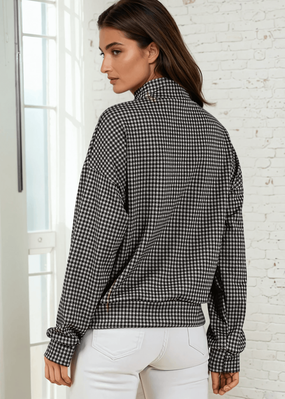 Made in USA Joanna Women's Checkered Button Collar Pullover in Black , Mock Neck with 3 Button Down Collar, Relaxed Fit in Black | Classy Cozy Cool Made in America Boutique