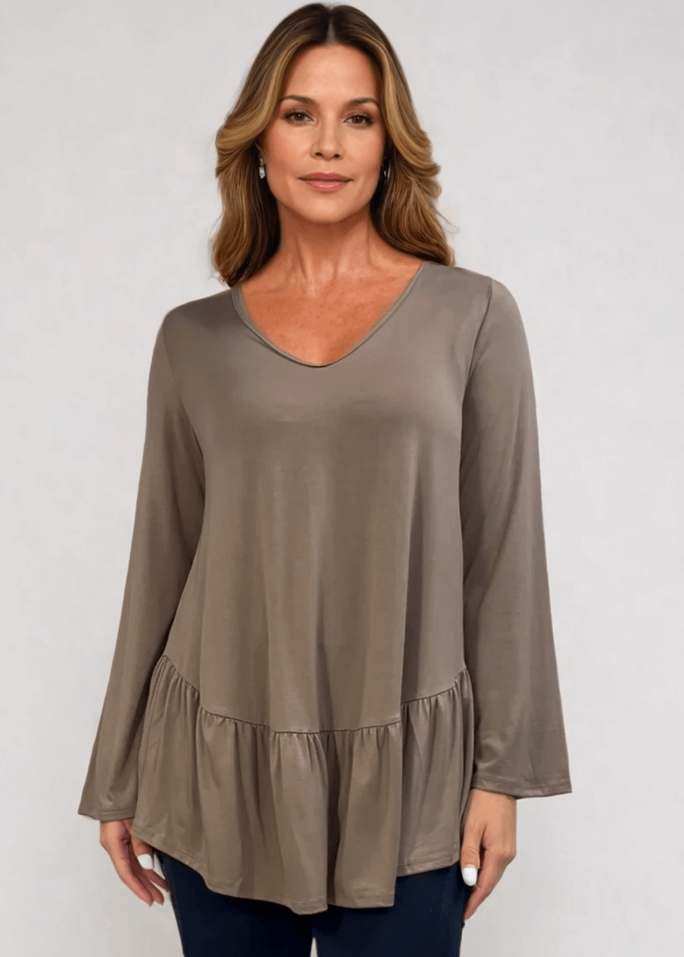 Made in USA Women's Taupe Flare Sleeve Tunic with Flounce Ruffle Hem, V-Neck, Lightweight and Flowy, Super Soft, 95% Rayon, 5% Spandex Machine Wash, Tumble Dry Low Style C11316 | Classy Cozy Cool Made in USA Boutique