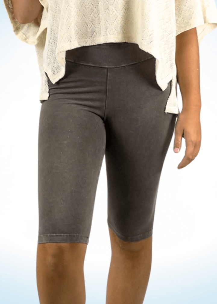 Ladies Mineral Washed in Desert Taupe Knee Length Biker Shorts | Chatoyant Style