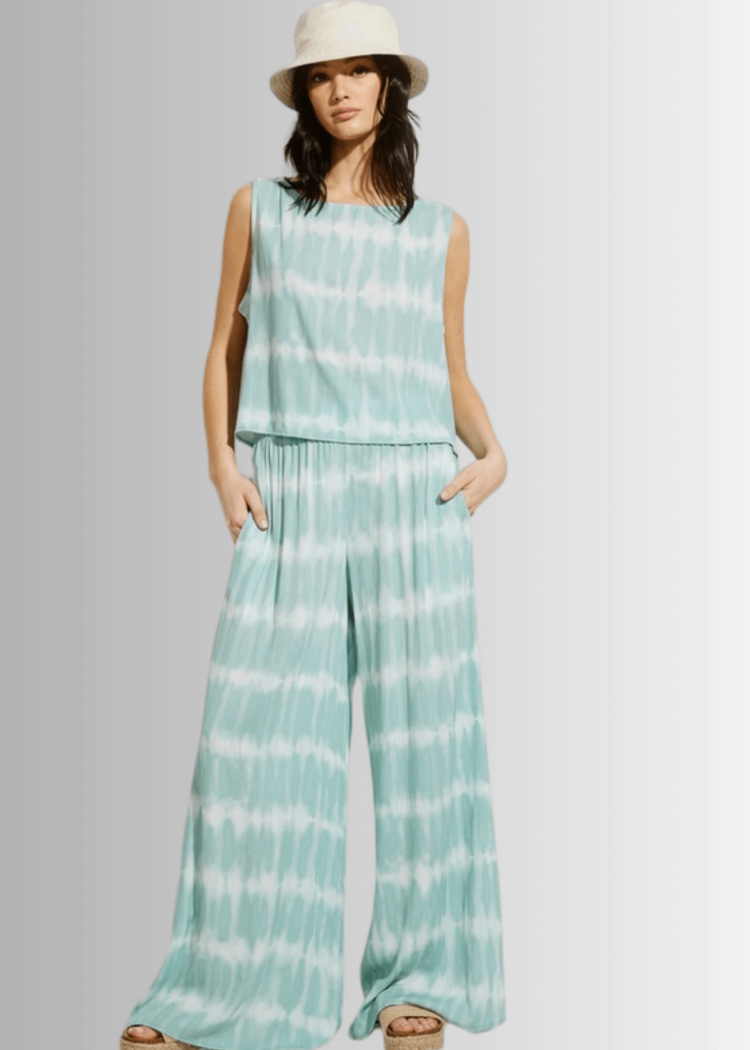 USA Made Light Aqua Turquoise Tie dye striped crop muscle top and palazzo pants 2 piece set for lounge, beach or every day wear || Classy Cozy Cool Women's Made in USA Boutique