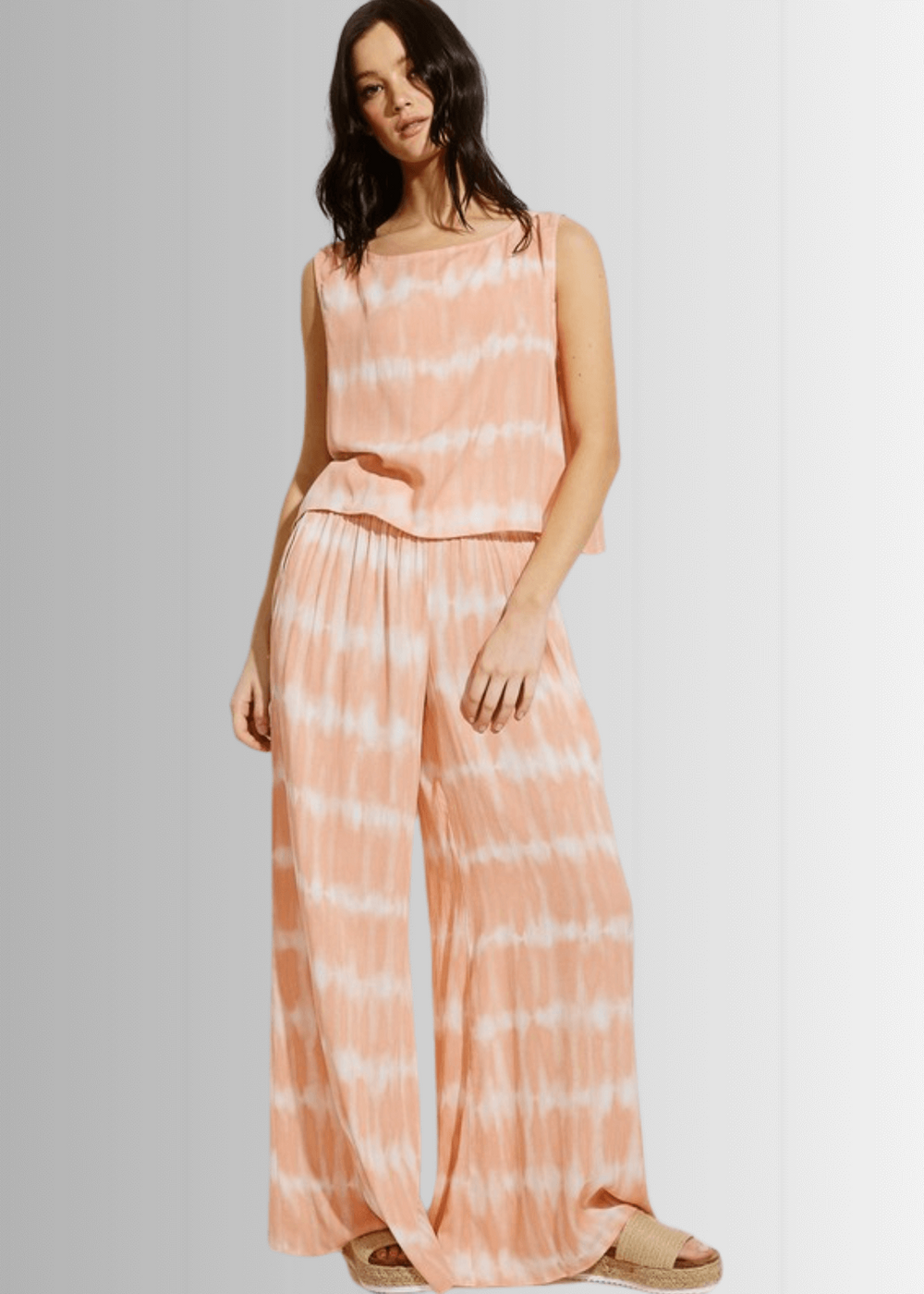 USA Made Light Peach Tie dye striped crop muscle top and palazzo pants 2 piece set for lounge, beach or every day wear || Classy Cozy Cool Women's Made in USA Boutique